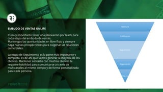 EMBUDO DE VENTAS ONLIFE
Es muy importante tener una planeación por leads para
cada etapa del embudo de ventas.
Mantengas las oportunidades en libre ﬂujo y siempre
haga nuevas prospecciones para oxigenar las relaciones
comerciales.
La etapa de Seguimiento es la parte más importante y
completa. Es de ahí que vamos generar la mayoría de los
clientes. Mantener contacto con muchos clientes te
requiere habilidad para comunicarse a través de
multicanales al mismo tiempo y de forma personalizada
para cada persona.
DOCUMENTO CONFIDENCIAL, favor no compartir
Abertura
Caliﬁcación
Seguimiento
Negociación
Cierre
 