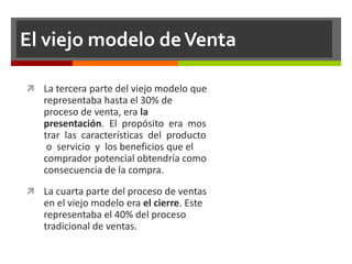 El viejo modelo deVenta
 La tercera parte del viejo modelo que
representaba hasta el 30% de
proceso de venta, era la
presentación. El propósito era mos
trar las características del producto
o servicio y los beneficios que el
comprador potencial obtendría como
consecuencia de la compra.
 La cuarta parte del proceso de ventas
en el viejo modelo era el cierre. Este
representaba el 40% del proceso
tradicional de ventas.
 