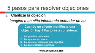 5 pasos para resolver objeciones
2. Clarificar la objeción
Imagina a un niño intentando entender un no
www.sheylaluna.com
Cuando un cliente manifiesta una
objeción hay 4 Factores a considerar:
1. Lo que dice realmente
2. Lo que escuchamos
3. Lo que interpretamos que significa
4. Lo que realmente significa
 