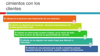 cimientos con los
clientes
El cliente es la persona mas importante de una empresa
El cliente no depende de nosotros.. Nosotros dependemos de
el para ganarnos la vida
El cliente no interrumpe nuestro trabajo, es la razón de este.
Nos hace el favor de darnos la oportunidad de servirle
El cliente no es alguien con quien haya que discutir o
ridiculizar
El cliente es una persona que acude a nosotros porque
necesita bienes o servicios, nuestro objetivo brindárselos.
 