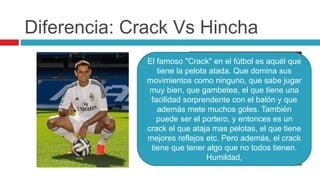 Diferencia: Crack Vs Hincha
El famoso "Crack" en el fútbol es aquél que
tiene la pelota atada. Que domina sus
movimientos como ninguno, que sabe jugar
muy bien, que gambetea, el que tiene una
facilidad sorprendente con el balón y que
además mete muchos goles. También
puede ser el portero, y entonces es un
crack el que ataja mas pelotas, el que tiene
mejores reflejos etc. Pero además, el crack
tiene que tener algo que no todos tienen.
Humildad,
 