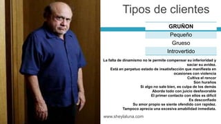 GRUÑON
Pequeño
Grueso
Introvertido
www.sheylaluna.com
La falta de dinamismo no le permite compensar su inferioridad y
saciar su avidez.
Está en perpetuo estado de insatisfacción que manifiesta en
ocasiones con violencia
Cultiva el rencor
Son huraños
Si algo no sale bien, es culpa de los demás
Aborda todo con juicio desfavorable
El primer contacto con ellos es difícil
Es desconfiado
Su amor propio se siente ofendido con rapidez.
Tampoco aprecia una excesiva amabilidad inmediata.
Tipos de clientes
 