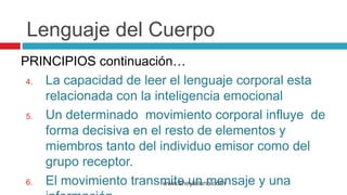 PRINCIPIOS continuación…
4. La capacidad de leer el lenguaje corporal esta
relacionada con la inteligencia emocional
5. Un determinado movimiento corporal influye de
forma decisiva en el resto de elementos y
miembros tanto del individuo emisor como del
grupo receptor.
6. El movimiento transmite un mensaje y unawww.sheylaluna.com
Lenguaje del Cuerpo
 