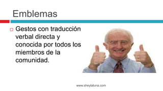  Gestos con traducción
verbal directa y
conocida por todos los
miembros de la
comunidad.
www.sheylaluna.com
Emblemas
 