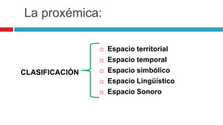 La proxémica:
 Espacio territorial
 Espacio temporal
 Espacio simbólico
 Espacio Lingüístico
 Espacio Sonoro
CLASIFICACIÓN
 