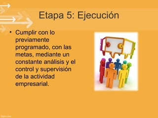 Etapa 5: Ejecución
• Cumplir con lo
previamente
programado, con las
metas, mediante un
constante análisis y el
control y supervisión
de la actividad
empresarial.

 