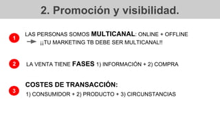 2. Promoción y visibilidad.
LA VENTA TIENE FASES 1) INFORMACIÓN + 2) COMPRA2
LAS PERSONAS SOMOS MULTICANAL: ONLINE + OFFLINE
1
¡¡TU MARKETING TB DEBE SER MULTICANAL!!
COSTES DE TRANSACCIÓN:
3
1) CONSUMIDOR + 2) PRODUCTO + 3) CIRCUNSTANCIAS
 