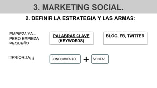 3. MARKETING SOCIAL.
2. DEFINIR LA ESTRATEGIA Y LAS ARMAS:
EMPIEZA YA...
PERO EMPIEZA
PEQUEÑO
PALABRAS CLAVE
(KEYWORDS)
BLOG, FB, TWITTER
!!!PRIORIZA¡¡¡
+CONOCIMIENTO VENTAS
 