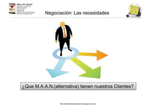 Negociación: Las necesidades
¿Que M.A.A.N.(alternativa) tienen nuestros Clientes?
http://venderdesdeelcorazon.blogspot.com.es
 