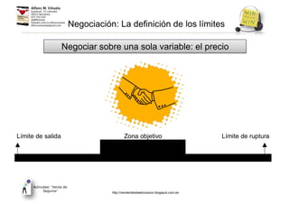 Límite de salida Zona objetivo Límite de ruptura
Negociar sobre una sola variable: el precio
Negociación: La definición de los límites
Actividad: ‘Venta de
Seguros’ http://venderdesdeelcorazon.blogspot.com.es
 