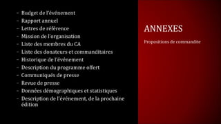 – Budget de l’événement
– Rapport annuel
– Lettres de référence                          ANNEXES
– Mission de l’organisati...