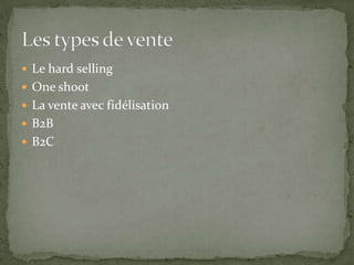 Le hard sellingOne shootLa vente avec fidélisationB2BB2CLes types de vente