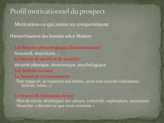 Profil motivationnel du prospect	Motivation=ce qui anime un comportementHiérarchisation des besoins selon Maslow-	Les besoins physiologiques (fondamentaux)	Sommeil, nourriture, …Le besoin de sûreté et de sécuritésécurité physique, économique, psychologiqueLes besoins sociaux