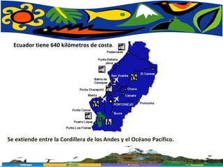 Ecuador tiene 640 kilómetros de costa .  Se extiende entre la Cordillera de los Andes y el Océano Pacífico.  