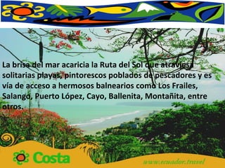 La brisa del mar acaricia la Ruta del Sol que atraviesa solitarias playas, pintorescos poblados de pescadores y es vía de acceso a hermosos balnearios como Los Frailes, Salango, Puerto López, Cayo, Ballenita, Montañita, entre otros. 
