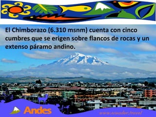 El Chimborazo (6.310 msnm) cuenta con cinco cumbres que se erigen sobre flancos de rocas y un extenso páramo andino.  