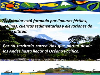 Por su territorio corren ríos que parten desde los Andes hasta llegar al Océano Pacífico. El Ecuador está formado por llanuras fértiles, colinas, cuencas sedimentarias y elevaciones de poca altitud.  