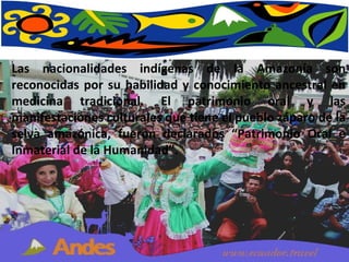 Las nacionalidades indígenas de la Amazonía son reconocidas por su habilidad y conocimiento ancestral en medicina tradicional. El patrimonio oral y las manifestaciones culturales que tiene el pueblo záparo de la selva amazónica, fueron declarados “Patrimonio Oral e Inmaterial de la Humanidad”. 