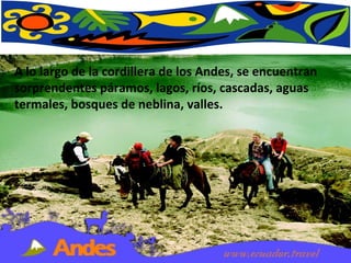 A lo largo de la cordillera de los Andes, se encuentran sorprendentes páramos, lagos, ríos, cascadas, aguas termales, bosques de neblina, valles.  