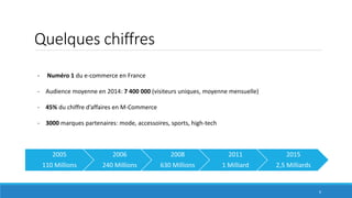 Quelques chiffres
- Numéro 1 du e-commerce en France
- Audience moyenne en 2014: 7 400 000 (visiteurs uniques, moyenne mensuelle)
- 45% du chiffre d’affaires en M-Commerce
- 3000 marques partenaires: mode, accessoires, sports, high-tech
2005
110 Millions
2006
240 Millions
2008
630 Millions
2011
1 Milliard
2015
2,5 Milliards
6
 