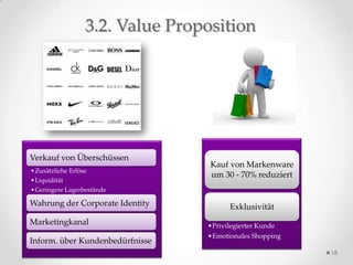 3.2. Value Proposition




Verkauf von Überschüssen
                                 Kauf von Markenware
•Zusätzliche Erlöse
                                 um 30 - 70% reduziert
•Liquidität
•Geringere Lagerbestände

Wahrung der Corporate Identity         Exklusivität
Marketingkanal                   •Privilegierter Kunde
                                 •Emotionales Shopping
Inform. über Kundenbedürfnisse
                                                         18
 