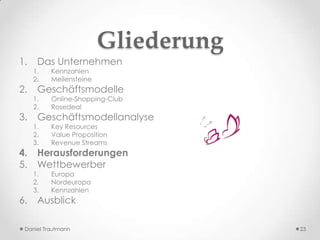 Gliederung
1.    Das Unternehmen
     1.   Kennzahlen
     2.   Meilensteine
2.    Geschäftsmodelle
     1.   Online-Shopping-Club
     2.   Rosedeal
3.    Geschäftsmodellanalyse
     1.   Key Resources
     2.   Value Proposition
     3.   Revenue Streams
4.    Herausforderungen
5.    Wettbewerber
     1.   Europa
     2.   Nordeuropa
     3.   Kennzahlen
6.    Ausblick

 Daniel Trautmann                     23
 