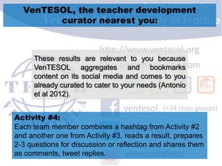 VenTESOL, the teacher development
curator nearest you:
These results are relevant to you because
VenTESOL aggregates and bookmarks
content on its social media and comes to you
already curated to cater to your needs (Antonio
et al 2012).
Activity #4:
Each team member combines a hashtag from Activity #2
and another one from Activity #3, reads a result, prepares
2-3 questions for discussion or reflection and shares them
as comments, tweet replies.
 
