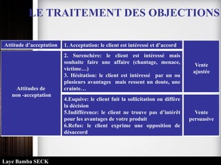 LE TRAITEMENT DES OBJECTIONS
Attitude d’acceptation 1. Acceptation: le client est intéressé et d’accord
Attitudes de
non -acceptation
2. Surenchère: le client est intéressé mais
souhaite faire une affaire (chantage, menace,
victime…)
3. Hésitation: le client est intéressé par un ou
plusieurs avantages mais ressent un doute, une
crainte…
4.Esquive: le client fuit la sollicitation ou diffère
la décision
5.Indifférence: le client ne trouve pas d’intérêt
pour les avantages de votre produit
6.Refus: le client exprime une opposition de
désaccord
Vente
ajustée
Vente
persuasive
Laye Bamba SECK
 