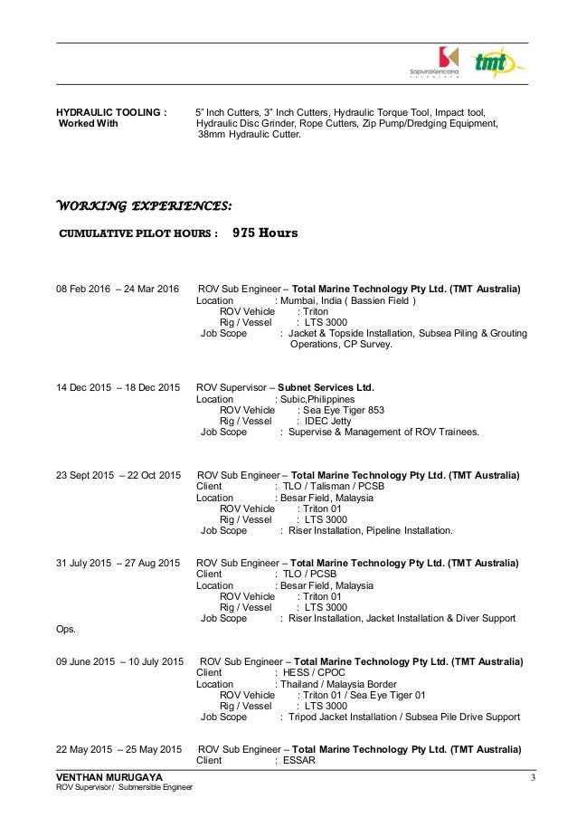Venthan cv rov supervisor submersible engineertmt