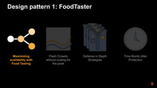 Design pattern 1: FoodTaster
Maximizing
availability with
Food Tasting
Flash Crowds
without scaling for
the peak
Defense in Depth
Strategies
Time Bomb Jitter
Protection
 