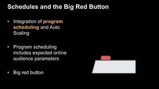 Schedules and the Big Red Button
• Integration of program
scheduling and Auto
Scaling
• Program scheduling
includes expected online
audience parameters
• Big red button
 