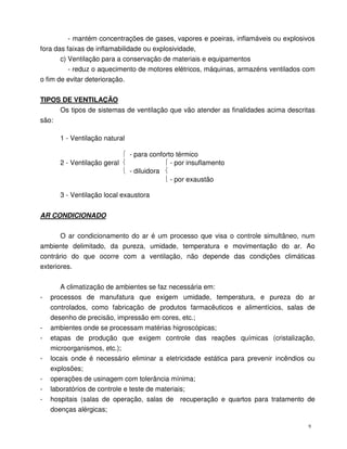 9
- mantém concentrações de gases, vapores e poeiras, inflamáveis ou explosivos
fora das faixas de inflamabilidade ou explosividade,
c) Ventilação para a conservação de materiais e equipamentos
- reduz o aquecimento de motores elétricos, máquinas, armazéns ventilados com
o fim de evitar deterioração.
TIPOS DE VENTILAÇÃO
Os tipos de sistemas de ventilação que vão atender as finalidades acima descritas
são:
1 - Ventilação natural
 - para conforto térmico
2 - Ventilação geral   - por insuflamento
 - diluidora 
 - por exaustão
3 - Ventilação local exaustora
AR CONDICIONADO
O ar condicionamento do ar é um processo que visa o controle simultâneo, num
ambiente delimitado, da pureza, umidade, temperatura e movimentação do ar. Ao
contrário do que ocorre com a ventilação, não depende das condições climáticas
exteriores.
A climatização de ambientes se faz necessária em:
- processos de manufatura que exigem umidade, temperatura, e pureza do ar
controlados, como fabricação de produtos farmacêuticos e alimentícios, salas de
desenho de precisão, impressão em cores, etc.;
- ambientes onde se processam matérias higroscópicas;
- etapas de produção que exigem controle das reações químicas (cristalização,
microorganismos, etc.);
- locais onde é necessário eliminar a eletricidade estática para prevenir incêndios ou
explosões;
- operações de usinagem com tolerância mínima;
- laboratórios de controle e teste de materiais;
- hospitais (salas de operação, salas de recuperação e quartos para tratamento de
doenças alérgicas;
 