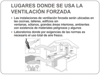 LUGARES DONDE SE USA LA
VENTILACIÓN FORZADA
 Las instalaciones de ventilación forzada serán ubicadas en
  las cocinas, talleres, edificios sin
  ventanas, sótanos, grandes áreas interiores, ambientes
  con existencia de materiales peligrosos y algunos
 Laboratorios donde por exigencias de las normas es
  necesario el uso total de aire fresco.
 