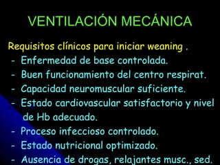 VENTILACIÓN MECÁNICA
Requisitos clínicos para iniciar weaning .
- Enfermedad de base controlada.
- Buen funcionamiento del centro respirat.
- Capacidad neuromuscular suficiente.
- Estado cardiovascular satisfactorio y nivel
   de Hb adecuado.
- Proceso infeccioso controlado.
- Estado nutricional optimizado.
- Ausencia de drogas, relajantes musc., sed.
 