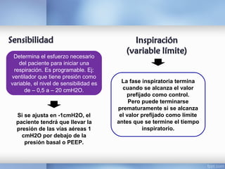 Determina el esfuerzo necesario
del paciente para iniciar una
respiración. Es programable. Ej:
ventilador que tiene presión como
variable, el nivel de sensibilidad es
de – 0,5 a – 20 cmH2O.
Si se ajusta en -1cmH2O, el
paciente tendrá que llevar la
presión de las vías aéreas 1
cmH2O por debajo de la
presión basal o PEEP.
La fase inspiratoria termina
cuando se alcanza el valor
prefijado como control.
Pero puede terminarse
prematuramente si se alcanza
el valor prefijado como límite
antes que se termine el tiempo
inspiratorio.
 