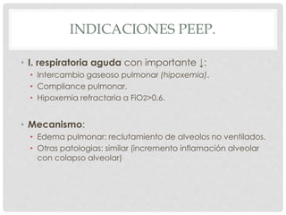 INDICACIONES PEEP.
• I. respiratoria aguda con importante ↓:
• Intercambio gaseoso pulmonar (hipoxemia).
• Compliance pulmonar.
• Hipoxemia refractaria a FiO2>0,6.
• Mecanismo:
• Edema pulmonar: reclutamiento de alveolos no ventilados.
• Otras patologias: similar (incremento inflamación alveolar
con colapso alveolar)
 