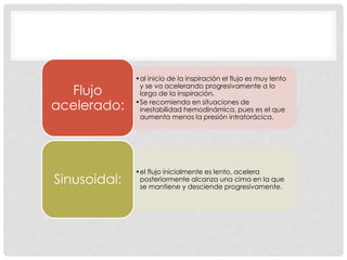 •al inicio de la inspiración el flujo es muy lento
y se va acelerando progresivamente a lo
largo de la inspiración.
•Se recomienda en situaciones de
inestabilidad hemodinámica, pues es el que
aumenta menos la presión intratorácica.
Flujo
acelerado:
•el flujo inicialmente es lento, acelera
posteriormente alcanza una cima en la que
se mantiene y desciende progresivamente.
Sinusoidal:
 