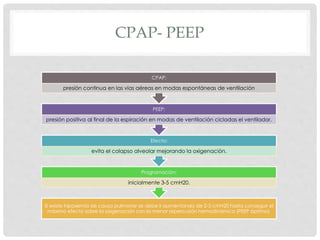 CPAP- PEEP
Si existe hipoxemia de causa pulmonar se debe ir aumentando de 2-3 cmH20 hasta conseguir el
máximo efecto sobre la oxigenación con la menor repercusión hemodinámica (PEEP óptimo).
Programación:
inicialmente 3-5 cmH20.
Efecto:
evita el colapso alveolar mejorando la oxigenación.
PEEP:
presión positiva al final de la espiración en modas de ventilación cicladas el ventilador.
CPAP:
presión continua en las vías aéreas en modas espontáneas de ventilación
 