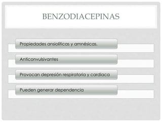 BENZODIACEPINAS
Propiedades ansiolíticas y amnésicas.
Anticonvulsivantes
Provocan depresión respiratoria y cardiaca
Pueden generar dependencia
 