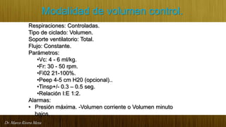 Dr. Marco Rivera Meza
Modalidad de volumen control.
Respiraciones: Controladas.
Tipo de ciclado: Volumen.
Soporte ventilatorio: Total.
Flujo: Constante.
Parámetros:
•Vc: 4 - 6 ml/kg.
•Fr: 30 - 50 rpm.
•Fi02 21-100%.
•Peep 4-5 cm H20 (opcional)..
•Tinsp+/- 0.3 – 0.5 seg.
•Relación I:E 1:2.
Alarmas:
• Presión máxima. -Volumen corriente o Volumen minuto
bajos.
 