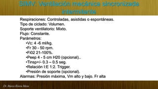 Dr. Marco Rivera Meza
SIMV: Ventilación mecánica sincronizada
intermitente
Respiraciones: Controladas, asistidas o espontáneas.
Tipo de ciclado: Volumen.
Soporte ventilatorio: Mixto.
Flujo: Constante.
Parámetros:
•Vc: 4 -6 ml/kg.
•Fr 30 - 50 rpm.
•Fi02 21-100%.
•Peep 4 - 5 cm H20 (opcional)..
•Tinsp+/- 0.3 – 0.5 seg.
•Relación I:E 1:2. Trigger.
•Presión de soporte (opcional).
Alarmas: Presión máxima, Vm alto y bajo. Fr alta
 