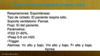 Dr. Marco Rivera Meza
Resumen de la modalidad. Nombre: CPAP.
Respiraciones: Espontáneas
Tipo de ciclado: El paciente respira sólo.
Soporte ventilatorio: Parcial.
Flujo: El del paciente.
Parámetros:
•Fi02 21-60%.
•Peep 0-5 cm H20.
•Trigger.
Alarmas: Vc alto y bajo; Vm alto y bajo; Fr alta y baja;
Apnea
 