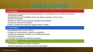 Dr. Marco Rivera Meza
Fase de Evaluación
A corto plazo
• Monitorización correcta de la frecuencia respiratoria, su morfología de curva y SaO2, dentro de las
limitaciones previstas
• Mantenimiento de permeabilidad de las vías aéreas superiores, dentro de las
limitaciones previstas
• Mantener en óptimas condiciones las tubuladuras del ventilador
• Controlar las alarmas del ventilador
• Extraer y analizar las muestras de sangre (arterial o capilar)
A medio plazo
• Permeabilidad de la vía aérea inferior
• Cuidados de la piel, respecto a fijación de dispositivos
• Cambios de dispositivos de filtrado y/o humidificación del aire
• Fisioterapia respiratoria
• Evaluación de riesgos de ventilación prolongada
A largo plazo:
• Contemplar estrategias de destete prolongado
• Mantener dispositivos de control accesorios (capnógrafo)
 