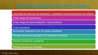 Dr. Marco Rivera Meza
Objetivos generales de laVM (Cuidados)
Interpretar las alarmas del respirador y restablecer el funcionamiento del sistema
Evitar riesgo de barotrauma
Evitar riesgo de hiperventilación o hipoventilación
Evitar hipoxemía
Suministrar medicación por vía aérea canalizada
Prevenir neumonía asociada a la ventilación mecánica
Prevenir extubación accidental
Prevenir úlceras por decúbito
 
