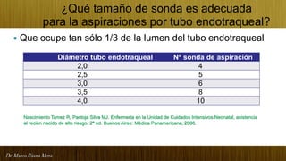 Dr. Marco Rivera Meza
¿Qué tamaño de sonda es adecuada
para la aspiraciones por tubo endotraqueal?
 Que ocupe tan sólo 1/3 de la lumen del tubo endotraqueal
Médica Panamericana; 2006.
Nascimiento Tamez R, Pantoja Silva MJ. Enfermería en la Unidad de Cuidados Intensivos Neonatal, asistencia
al recién nacido de alto riesgo. 2ª ed. Buenos Aires:
Diámetro tubo endotraqueal Nº sonda de aspiración
2,0 4
2,5 5
3,0 6
3,5 8
4,0 10
 