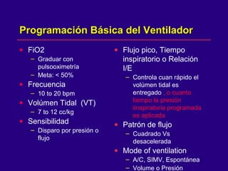 Programación Básica del VentiladorProgramación Básica del Ventilador
• FiO2
– Graduar con
pulsooximetría
– Meta: < 50%
• Frecuencia
– 10 to 20 bpm
• Volúmen Tidal (VT)
– 7 to 12 cc/kg
• Sensibilidad
– Disparo por presión o
flujo
• Flujo pico, Tiempo
inspiratorio o Relación
I/E
– Controla cuan rápido el
volúmen tidal es
entregado , o cuanto
tiempo la presión
iinspiratoria programada
es aplicada
• Patrón de flujo
– Cuadrado Vs
desacelerada
• Mode of ventilation
– A/C, SIMV, Espontánea
– Volume o Presión
 