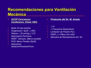 Recomendaciones para VentilaciónRecomendaciones para Ventilación
MecánicaMecánica
• ACCP ConcensusACCP Concensus
Conference. Chest 1993.Conference. Chest 1993.
• Modo: El mas familiar.
• Oxigenación: Sp02 ⇒ 90%
• Plateau: 〈 35 mmHg (↓ VT)
• Hipercapnia Permisiva
• PEEP : Siempre. (Menor posible)
• FiO2: Menor Posible (Sp02)
• Hipoxemia;
Sedación/Paralisis/Prono
• Protocolo del Dr. M. Amato
• ↓ Vt
• ↓ Frecuencia Respiratoria
• Limitación de Presión Pico
• PEEP: (⇒ Pflex) 2cm H2O
• Maniobra de Reclutamiento 40 / 40.
 