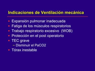 Indicaciones de Ventilación mecánicaIndicaciones de Ventilación mecánica
• Expansión pulmonar inadecuada
• Fatiga de los músculos respiratorios
• Trabajo respiratorio excesivo (WOB)
• Protección en el post operatorio
• TEC grave
– Disminuir el PaCO2
• Tórax inestable
 