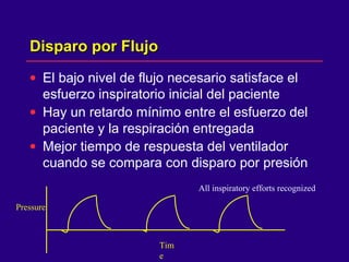 Disparo por FlujoDisparo por Flujo
• El bajo nivel de flujo necesario satisface el
esfuerzo inspiratorio inicial del paciente
• Hay un retardo mínimo entre el esfuerzo del
paciente y la respiración entregada
• Mejor tiempo de respuesta del ventilador
cuando se compara con disparo por presión
All inspiratory efforts recognized
Tim
e
Pressure
 