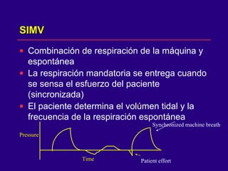 SIMVSIMV
• Combinación de respiración de la máquina y
espontánea
• La respiración mandatoria se entrega cuando
se sensa el esfuerzo del paciente
(sincronizada)
• El paciente determina el volúmen tidal y la
frecuencia de la respiración espontánea
Time
Pressure
Synchronized machine breath
Patient effort
 